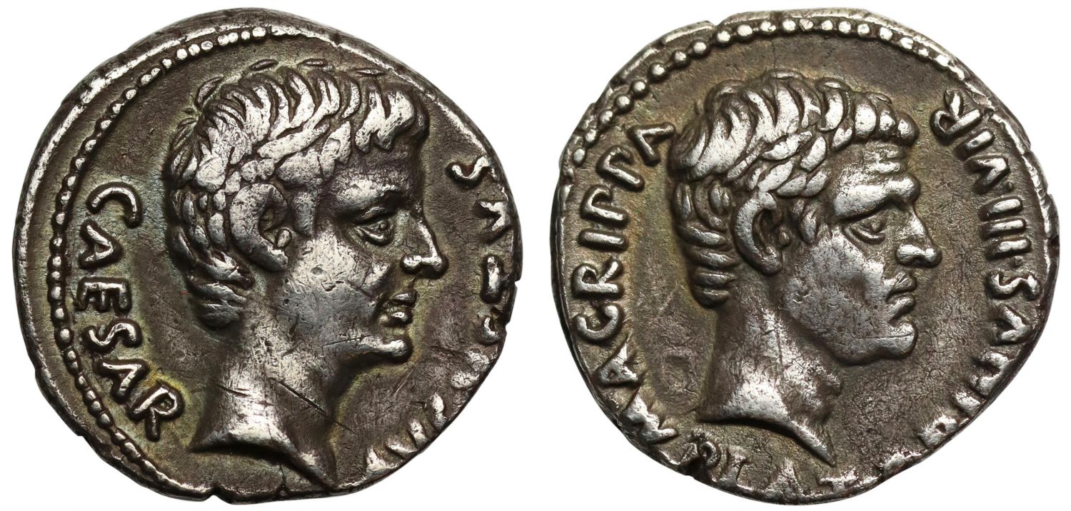 Augustus and Agrippa, Silver Denarius.