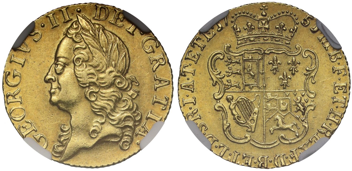 George II 1751 Half-Guinea AU58+, 1 struck over 0 in date