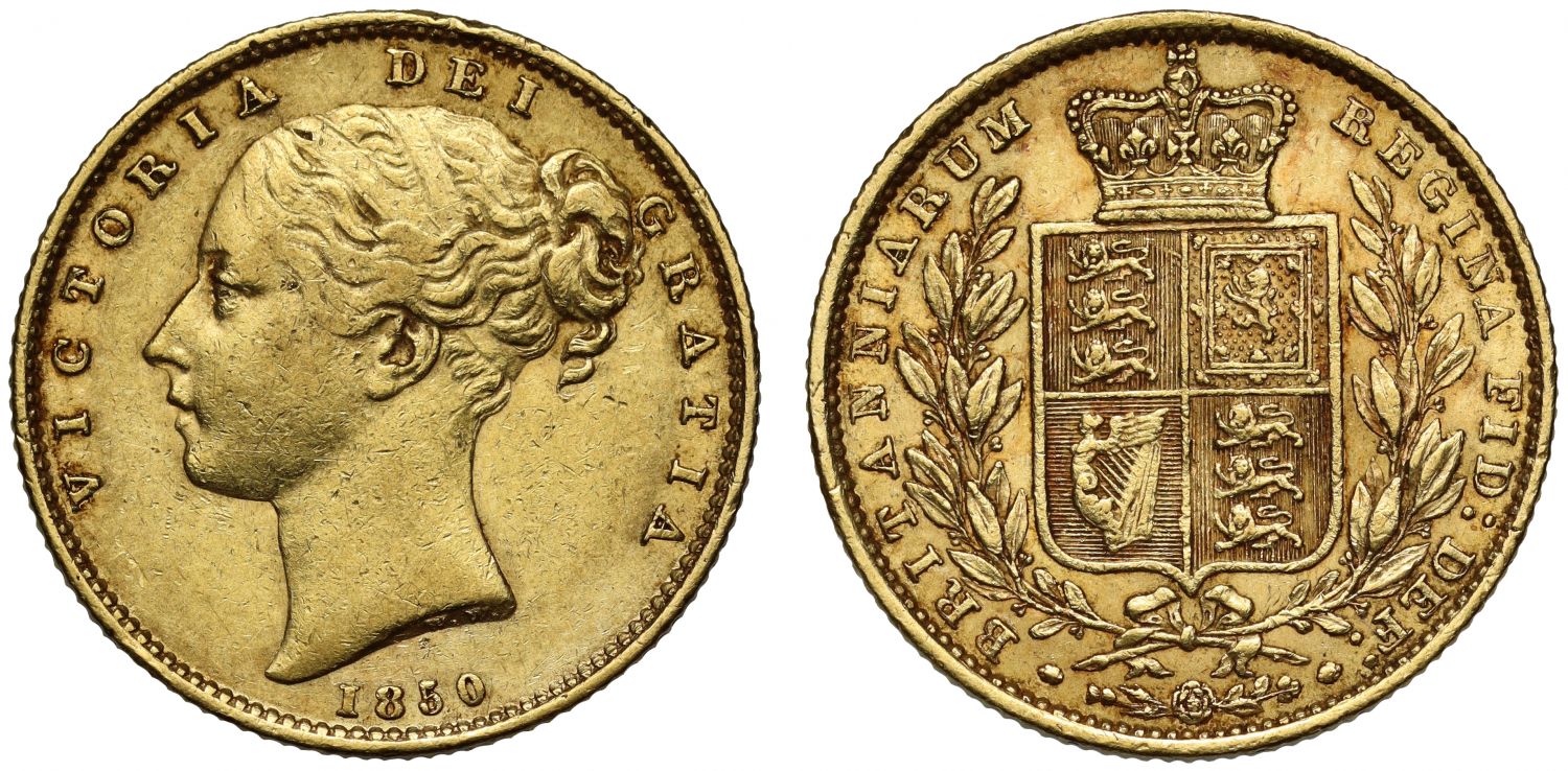 Victoria 1850 Sovereign shield reverse, 'Roman I' in date