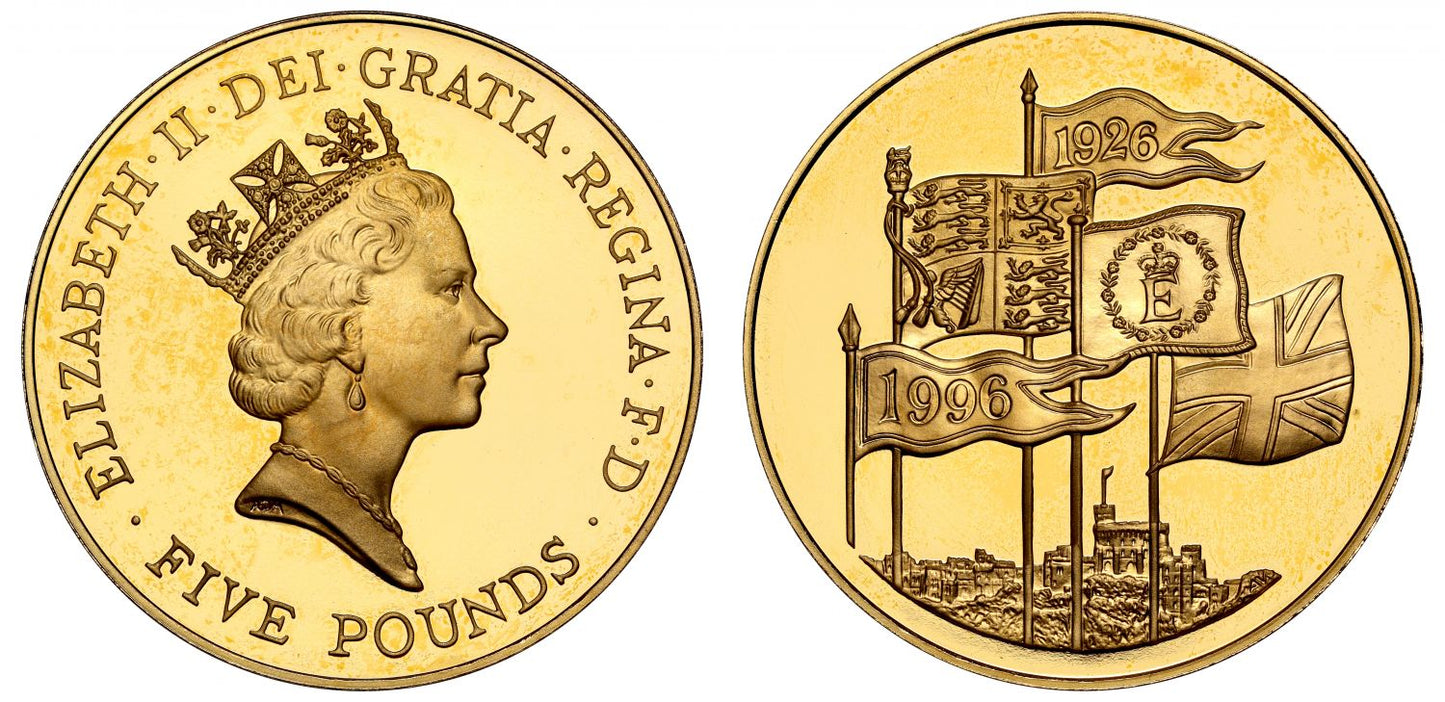 Elizabeth II 1996 proof Five-Pounds 70th Birthday