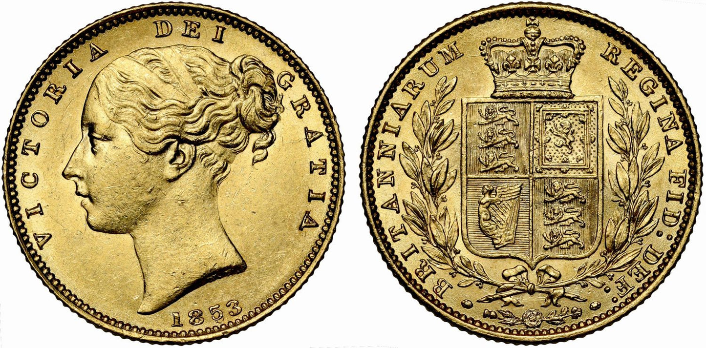 Victoria 1853 Sovereign, WW raised, 5 in date over a lower 5, unusual