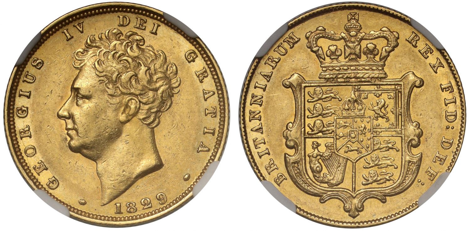 George IV 1829 Sovereign bare head AU58, penultimate year