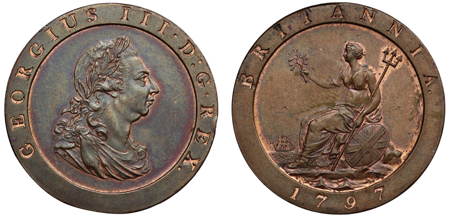 George III 1797 Cartwheel Penny MS62 BN, 11 leaf wreath