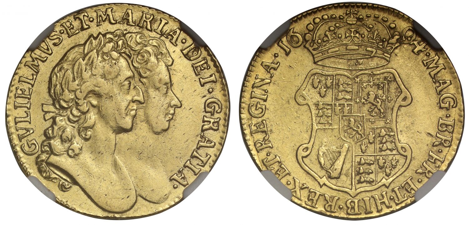 William and Mary 1694 Guinea, conjoined busts, AU58