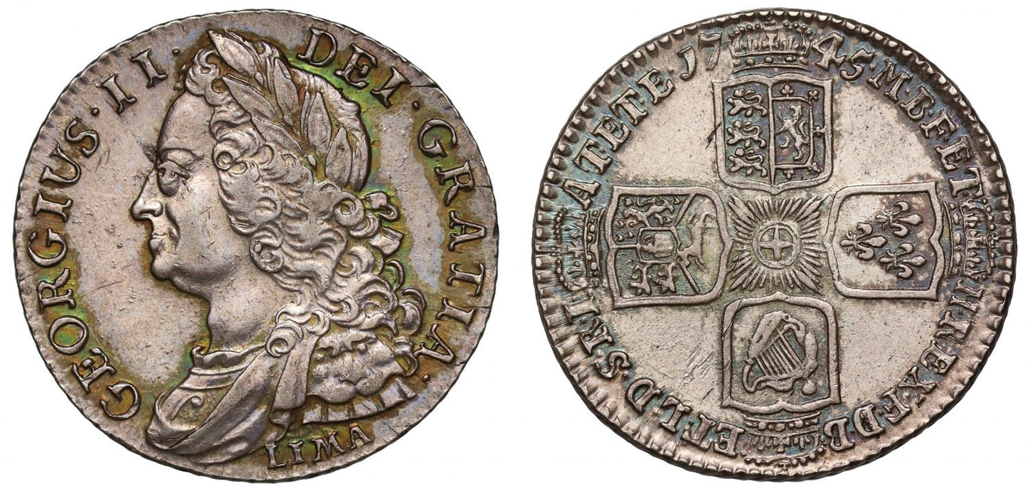 George II 1745 LIMA Shilling, older long haired bust