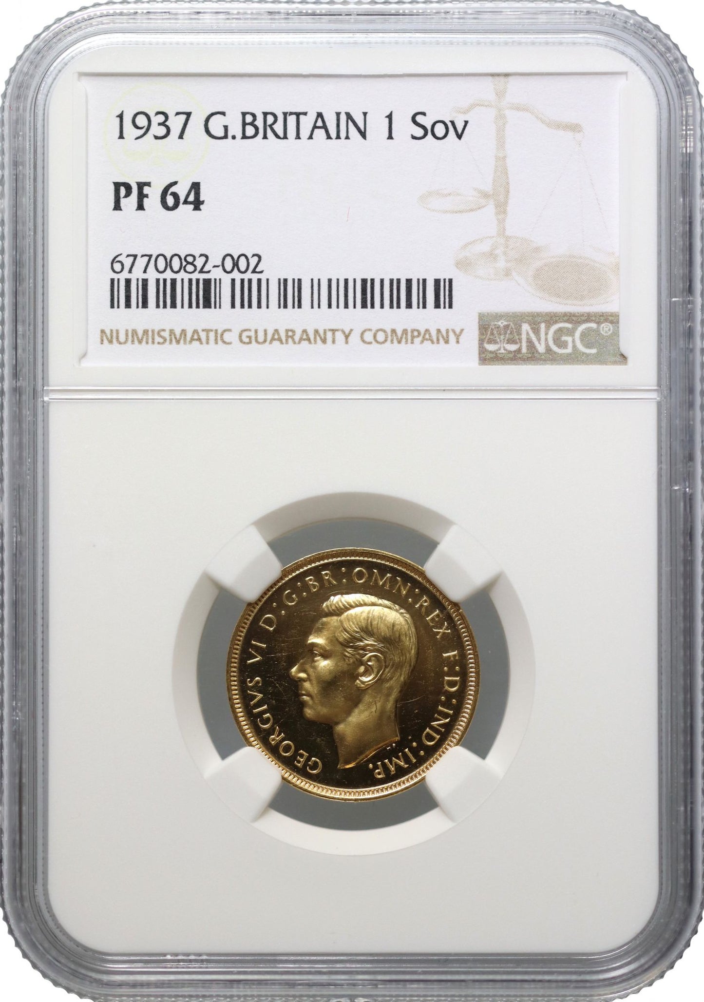 George VI 1937 proof Sovereign, only 5,501 struck, NGC PF64