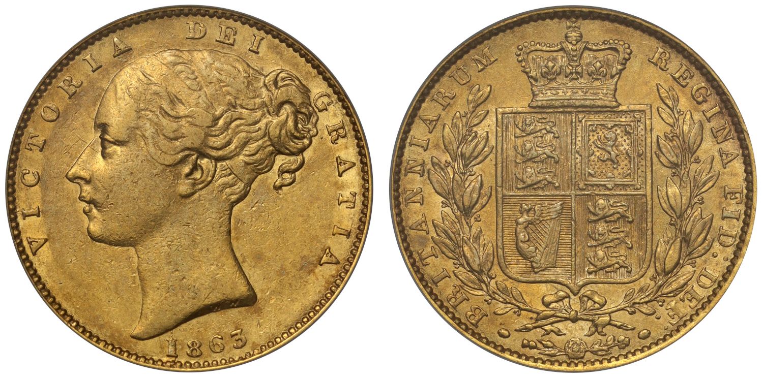 Victoria 1863 Sovereign, 1 over inverted 1 in date, CGS VF45