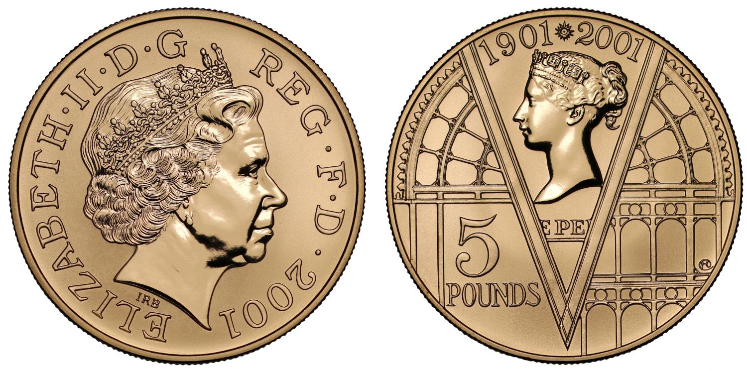 Elizabeth II 2001 proof Five-Pounds Reverse PF70 Victoria Anniversary