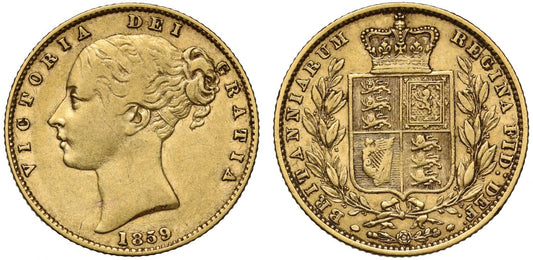 Victoria 1859 'Ansell' Sovereign, with extra line to lower rear fillet