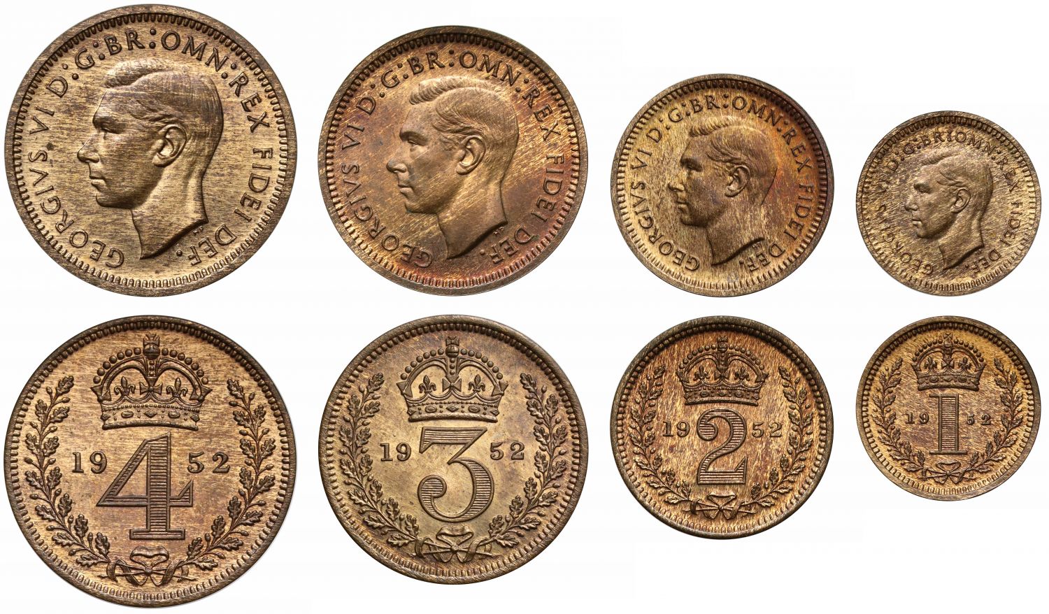 George VI 1952 bronze Maundy Set, NGC MS64/65RB, only two known