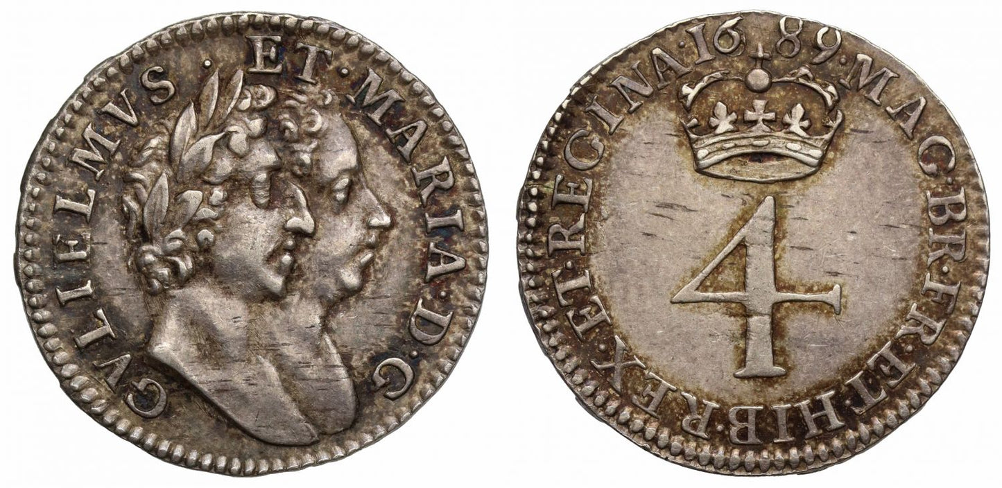 William & Mary 1689 silver Fourpence AU58, G below bust, Roman I date