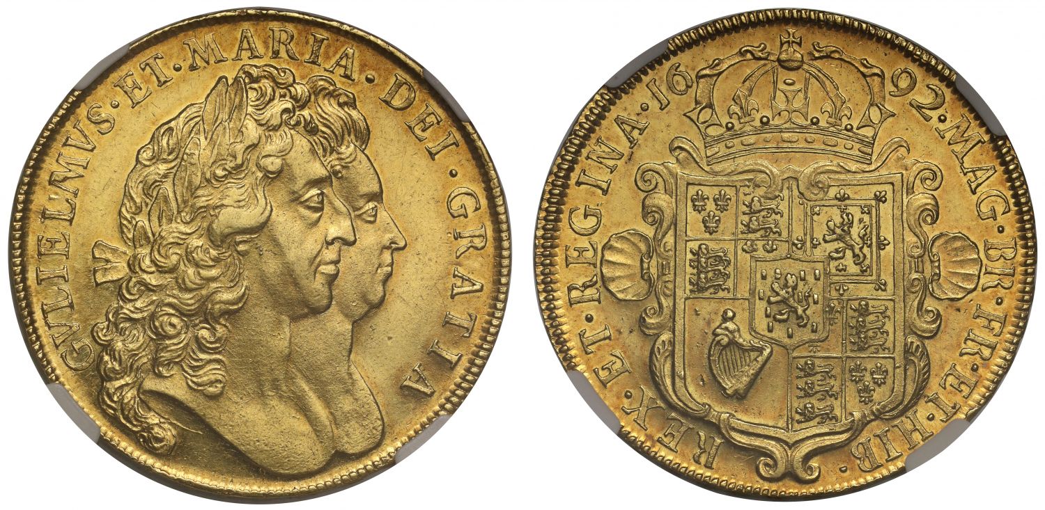 William and Mary 1692 Five-Guineas NGC MS61, edge QVARTO