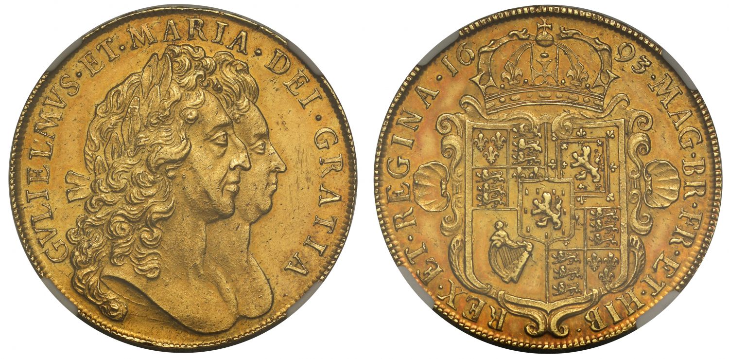 William and Mary 1693 Five-Guineas NGC MS62+, edge QVINTO