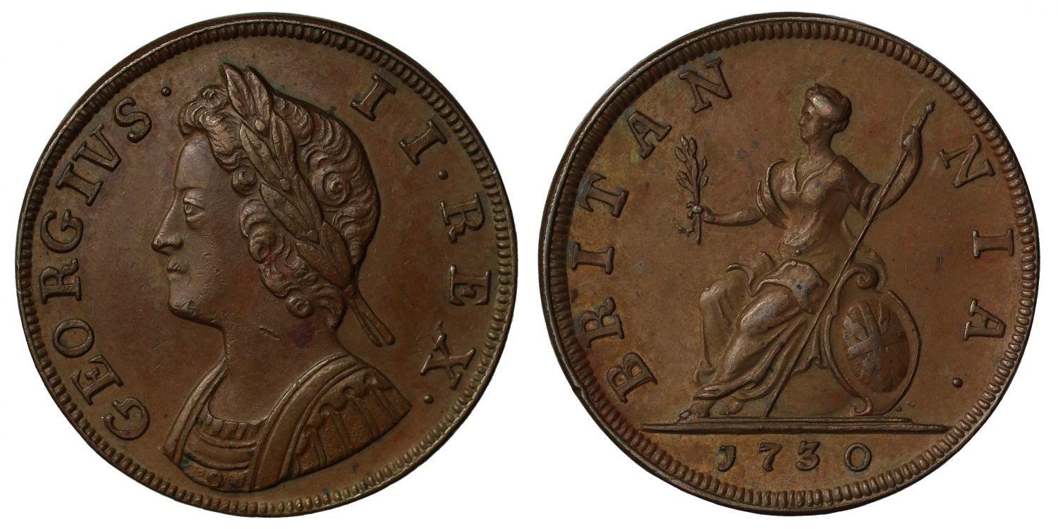 George II 1730 proof Farthing, young laureat head