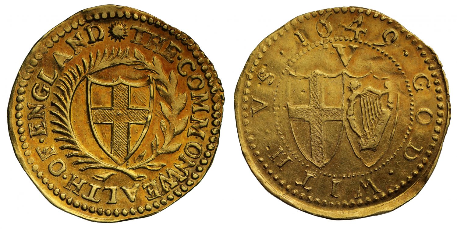 Commonwealth 1649 gold Crown, first year, AU58