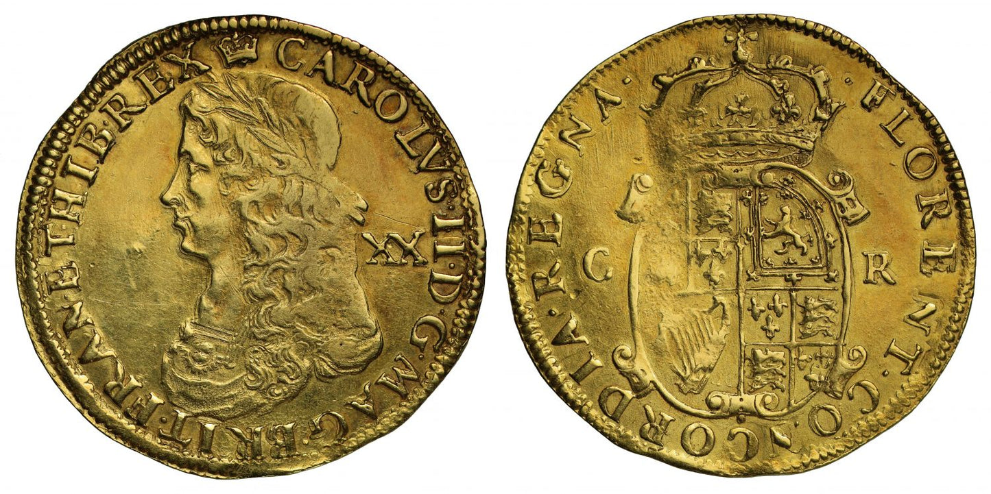 Charles II Unite, Second hammered issue, dies O3/R1, R4, AU55+