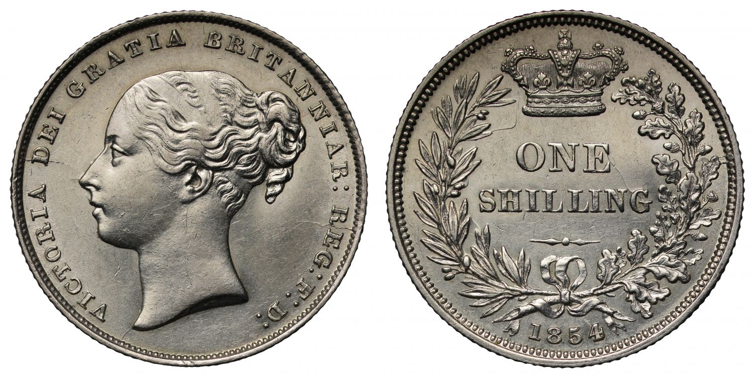 Victoria 1854 Shilling, very rare date, second young head