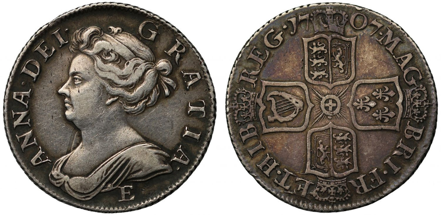 Anne 1707 E Shilling, Edinburgh Mint, London derived dies, third bust