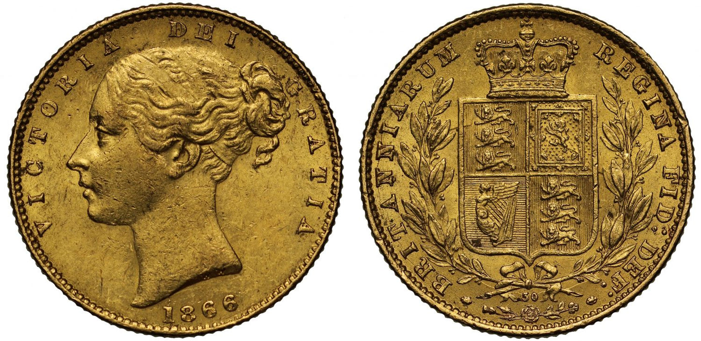 Victoria 1866 Sovereign, die number 30, young head, shield reverse