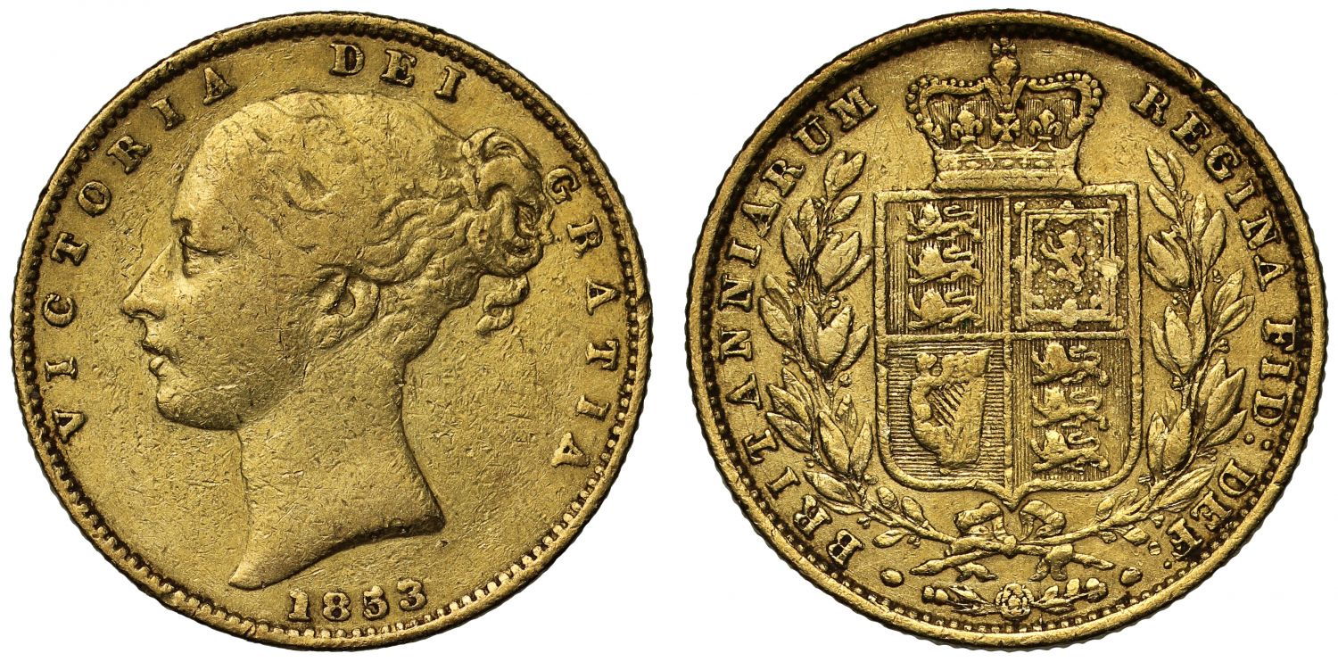 Victoria 1853 Sovereign, WW incuse on truncation of second young head,