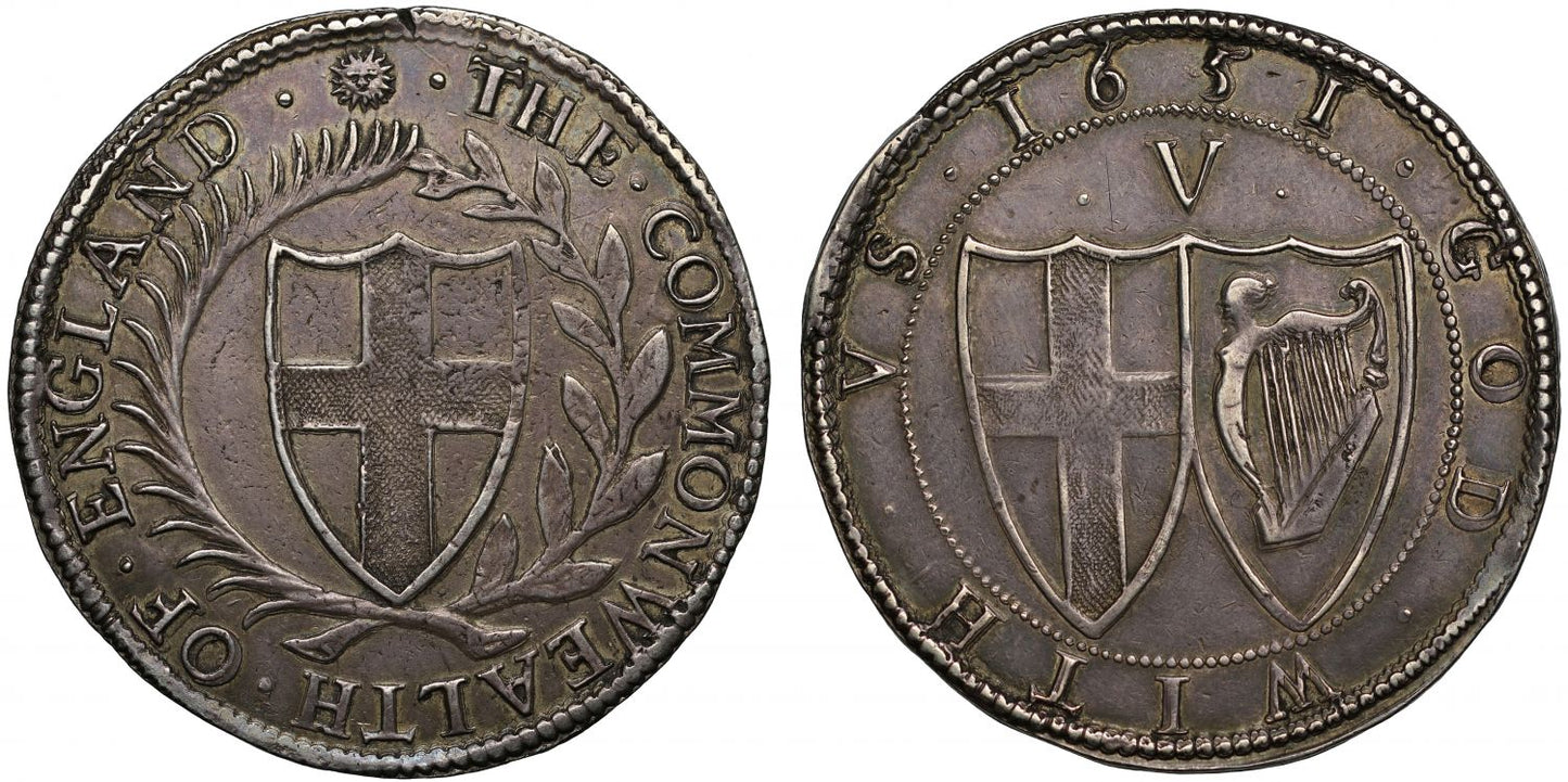 Commonwealth 1651 Crown initial mark sun AU50