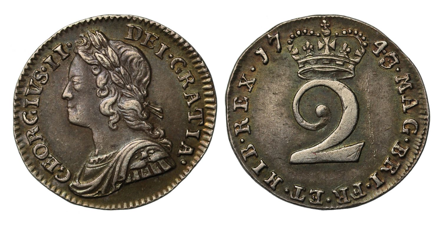 George II 1743 Twopence, 3 of date struck over 0