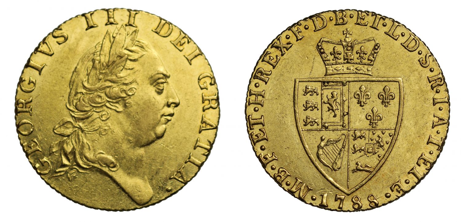 George III 1788 Guinea, fifth bust, spade type reverse AU58