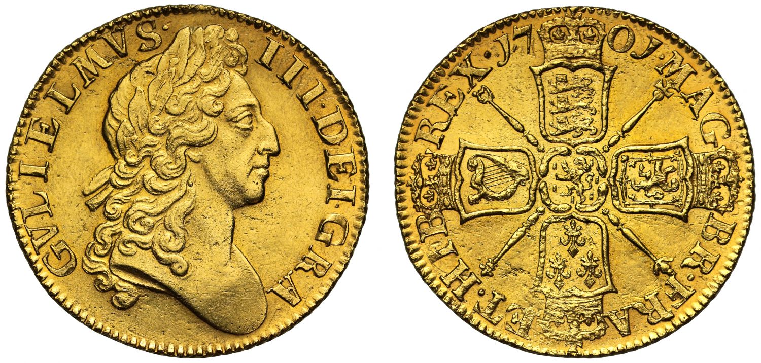 William III 1701 Guinea, second bust, narrow crowns on reverse