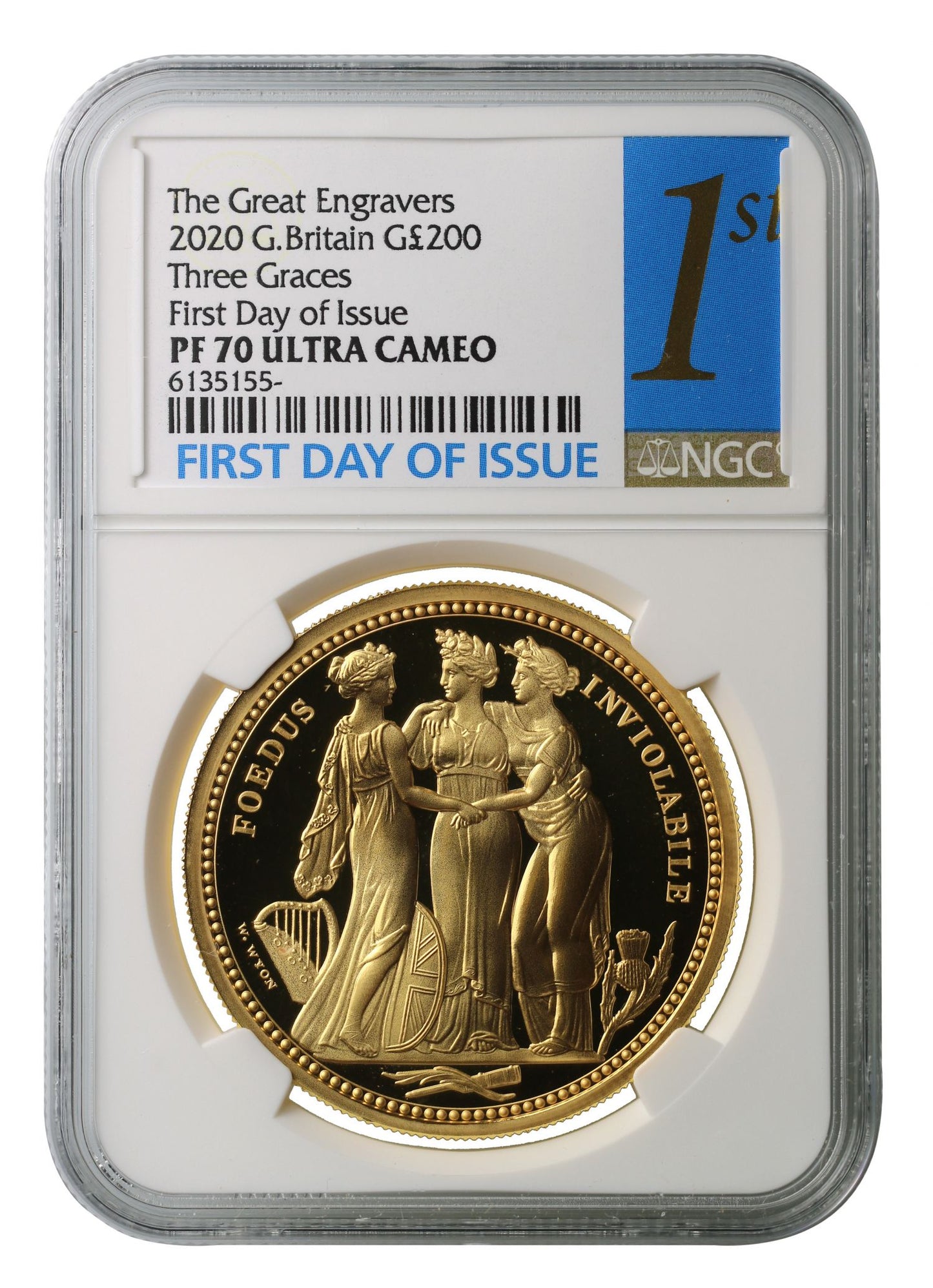 * QEII 2020 PF70 gold 2oz Three Graces First Day of Issue