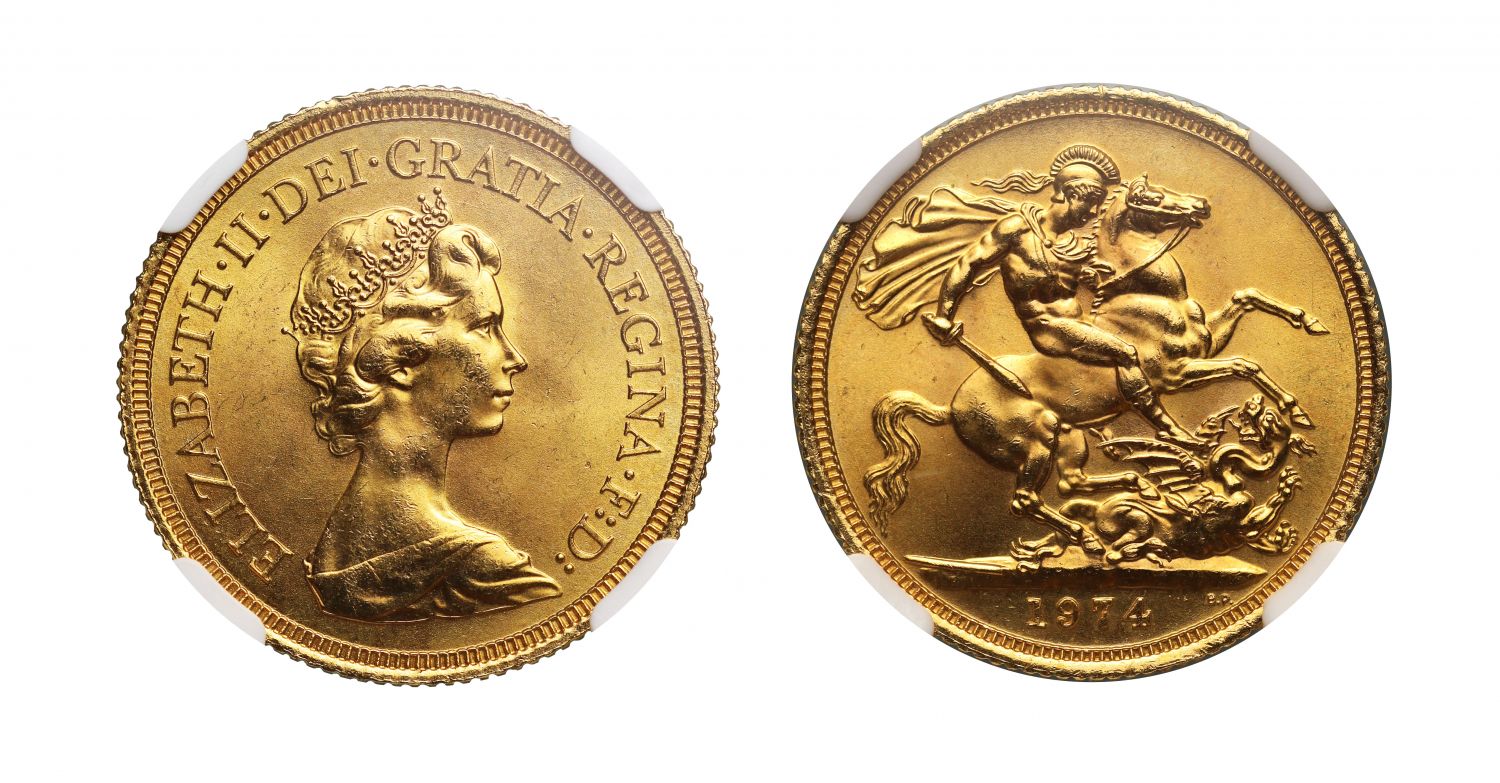 Elizabeth II 1974 Sovereign, first decimal year for denomination, MS65