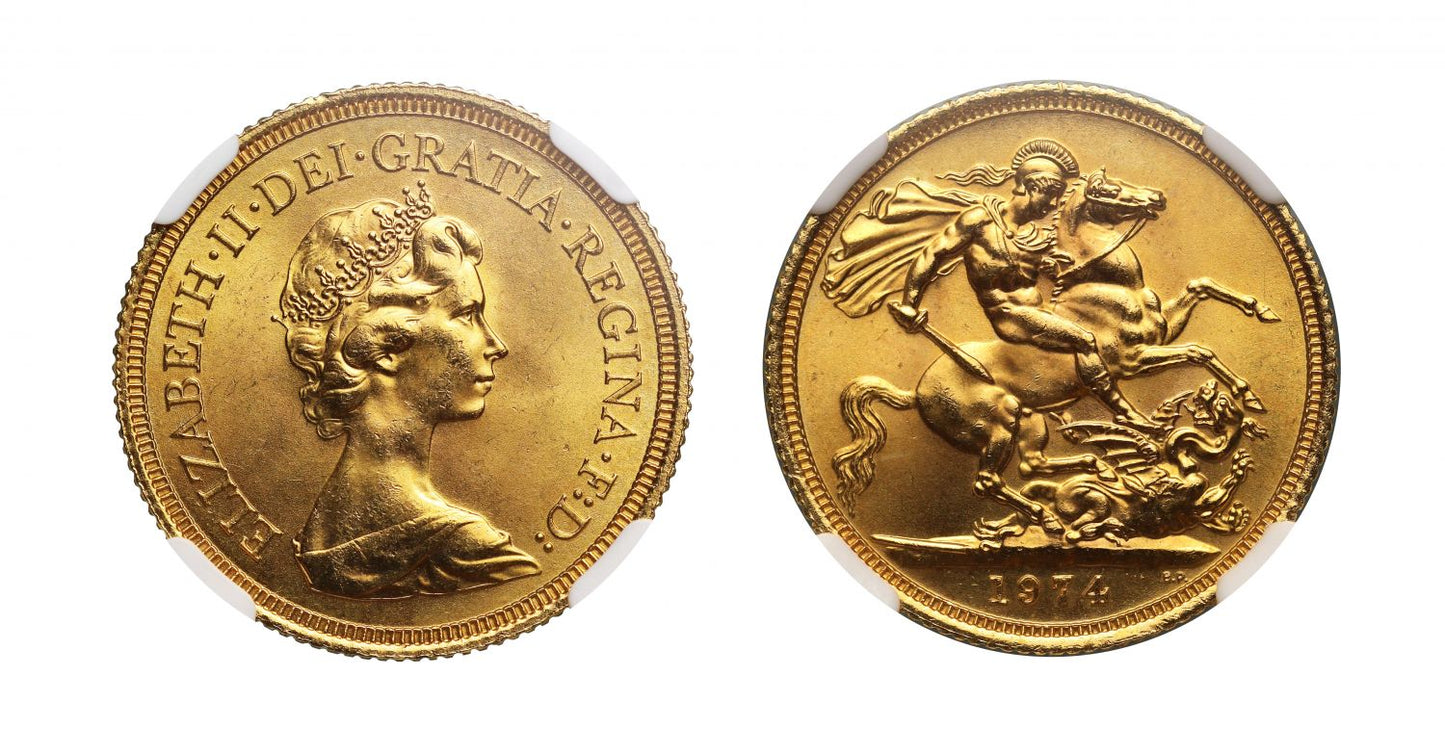 Elizabeth II 1974 Sovereign, first decimal year for denomination, MS65