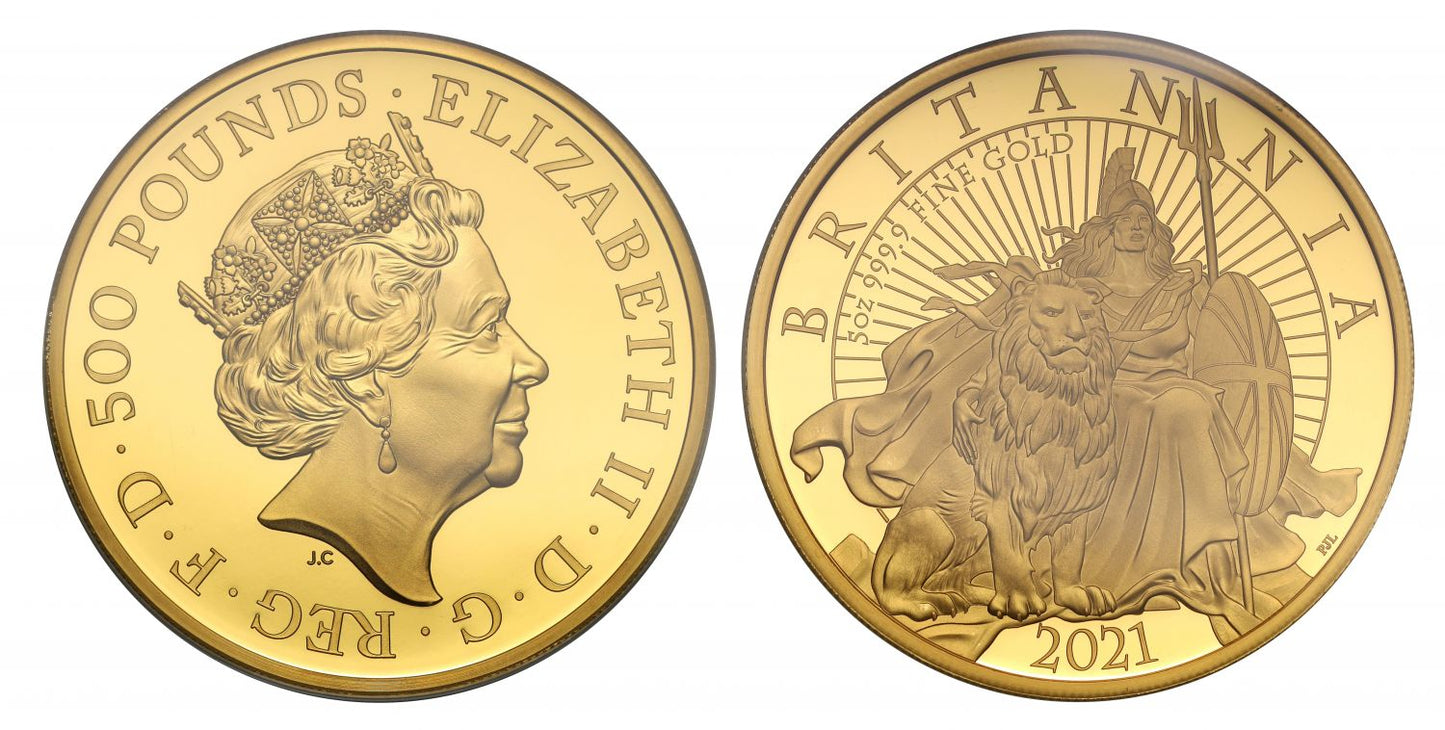 Elizabeth II 2021 PF70 UC gold 5oz Britannia (with Lion)