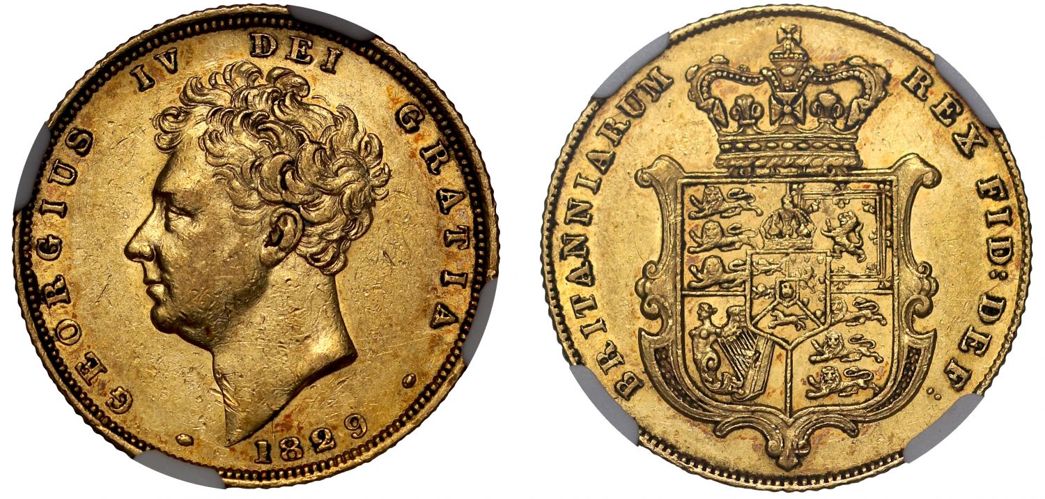 George IV 1829 Sovereign bare head AU55, penultimate year