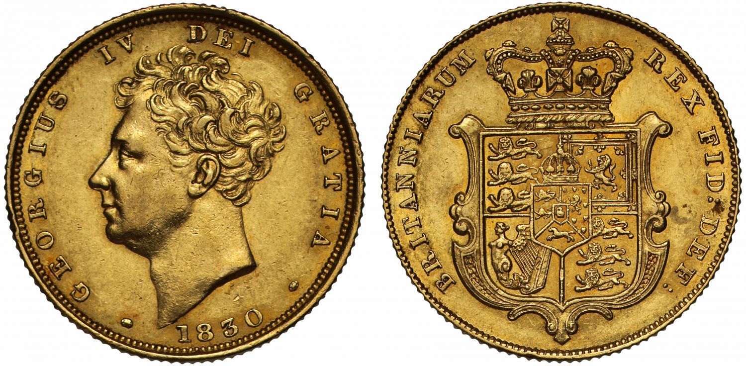 George IV 1830 Sovereign bare head AU55, final year for reign