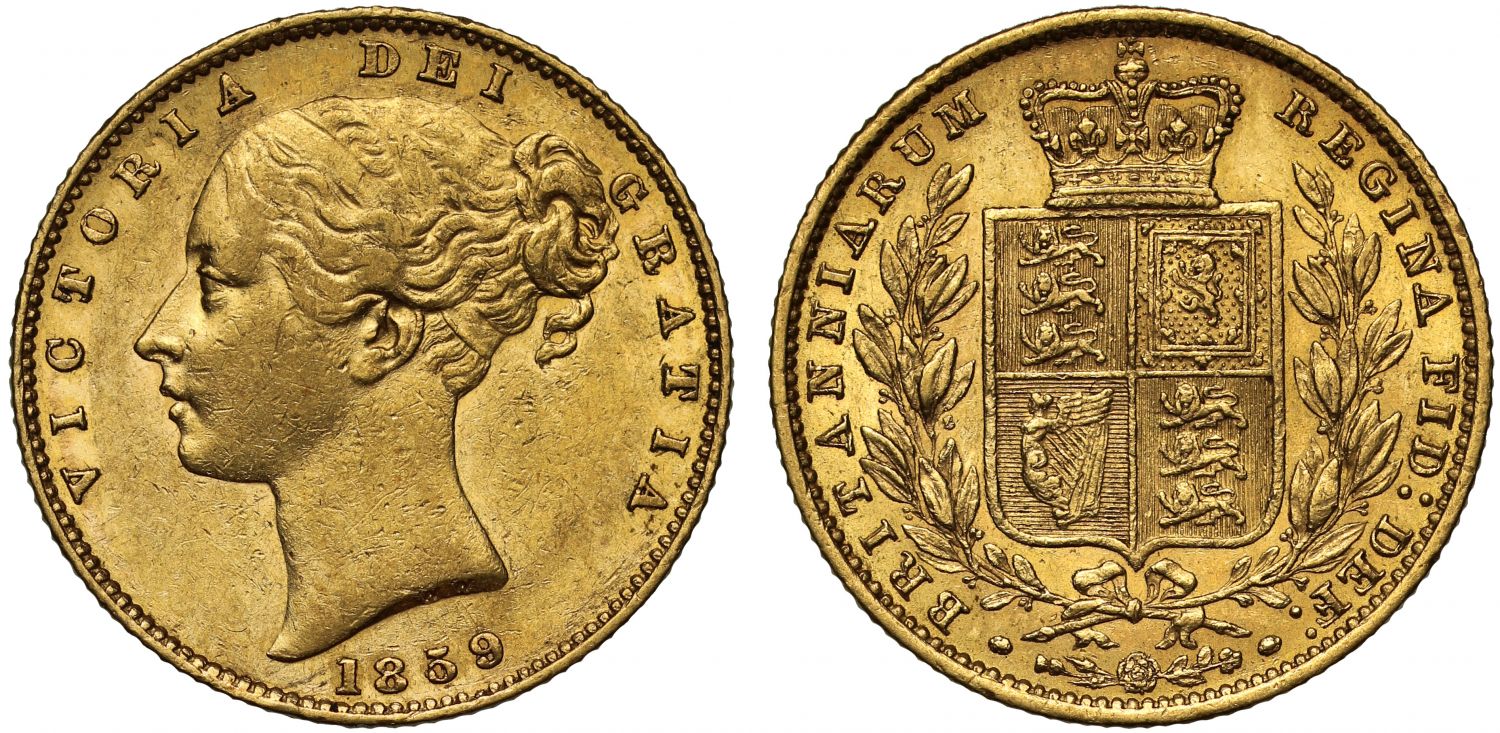 Victoria 1859 Sovereign, second young head, shield reverse