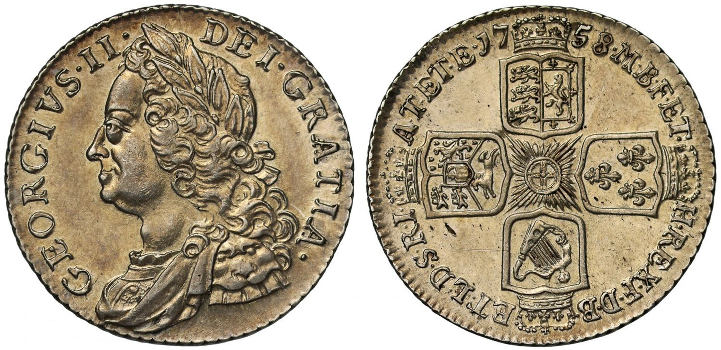 George II 1758 Shilling, old head, final date for denomination in this reign