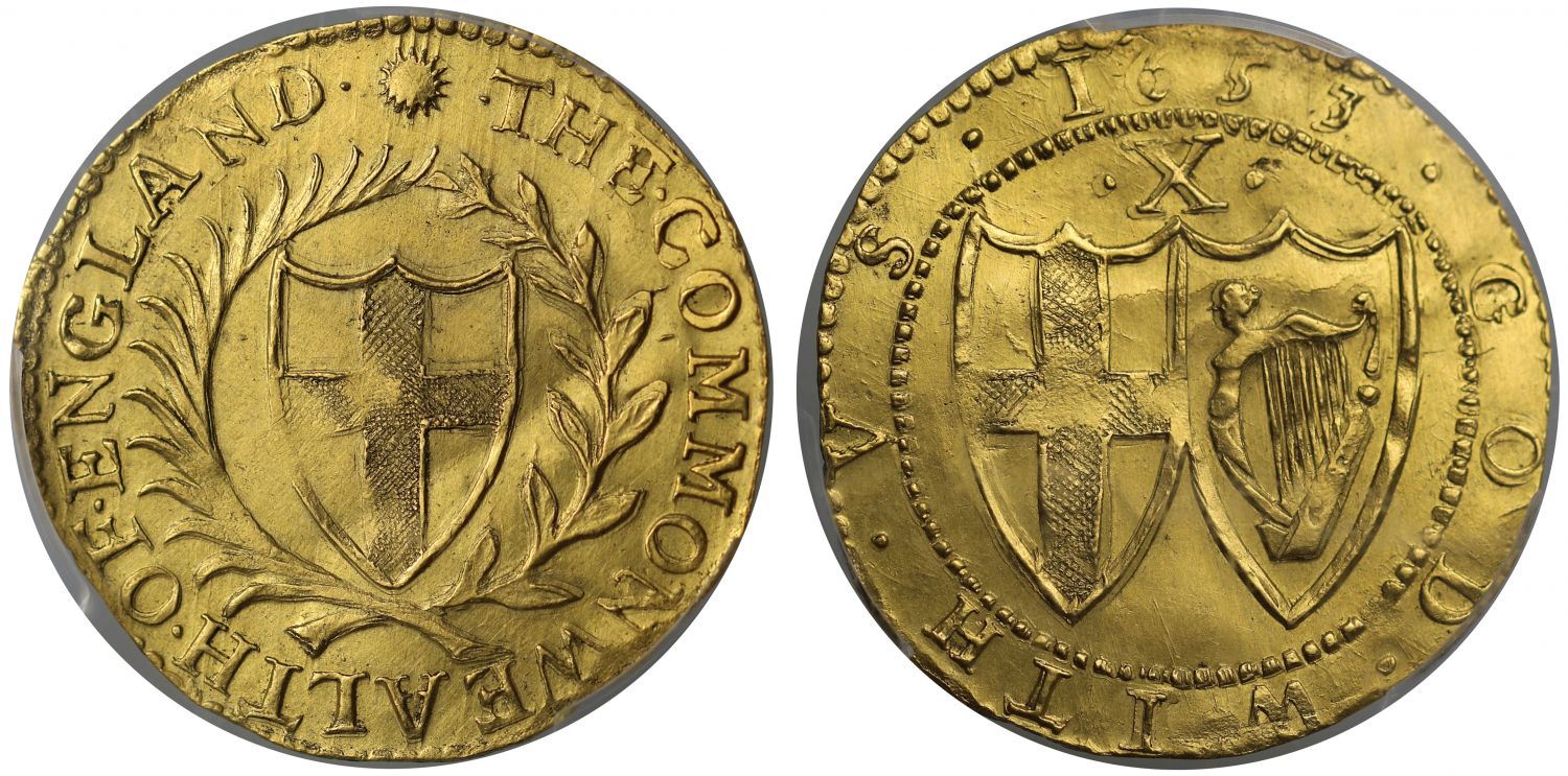 Commonwealth 1653 gold Double-Crown, mint mark sun